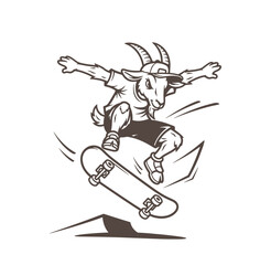 Fototapeta premium Goat in a baseball cap skateboarding and performing a trick mid-air with cloven hoofed skateboarding skateboard illustration
