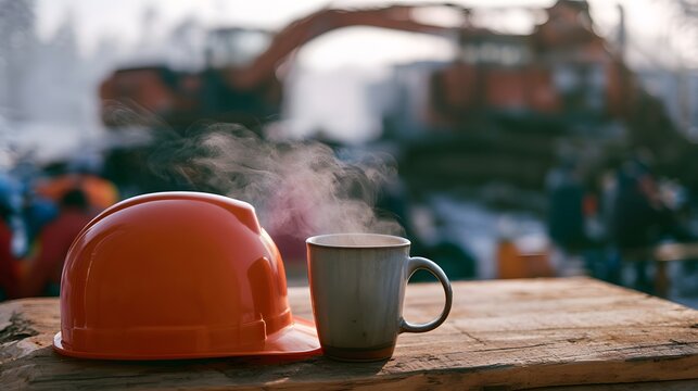 Steaming coffee mug and orange hard hat on wooden table at a cold winter construction worksite site