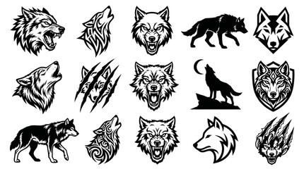 Fototapeta premium Wildlife Wolf Vector Collection: Monochrome Howling, Aggressive Heads, and Tribal Emblems