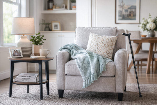 Cozy living room armchair with walking cane suggests senior comfort and care, bright cinematic interior for healthcare ads and assisted living marketing.