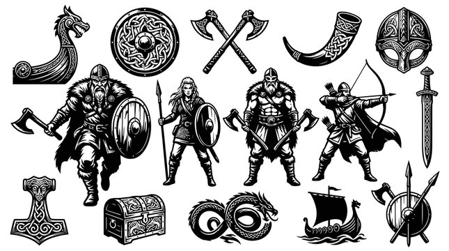 Viking Norse Mythology Elements Set: Warriors, Weapons, Longship. Black  White Line Art Vector Icons