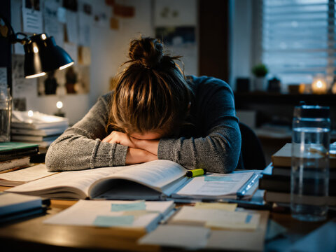 Exhausted student sleeps on open books during late-night study, cinematic desk lighting for education marketing, exam stress campaigns and social media.