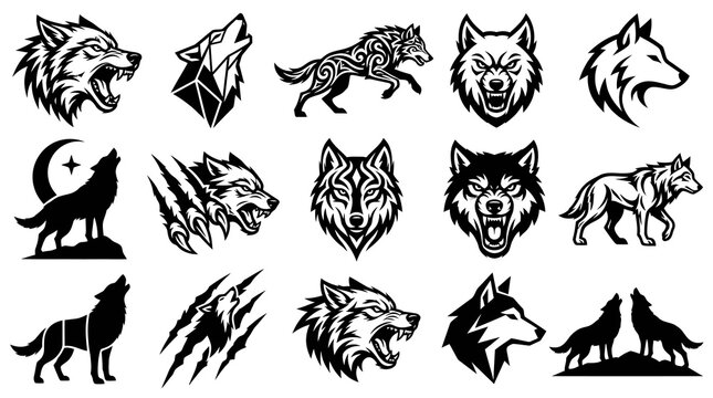 Black  White Wolf Head and Howling Wolf Vector Icons - Animal Art Style