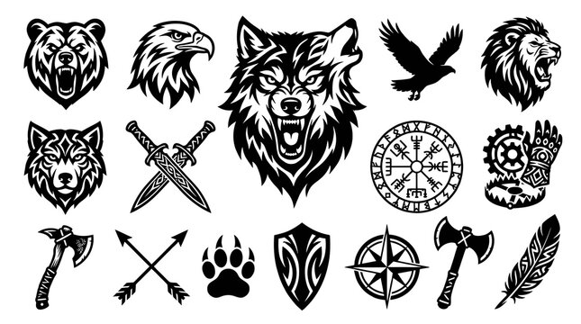Viking Warrior Symbols - Wolf, Eagle, Lion, Axes, Rune, Compass, Feather Tattoo Art