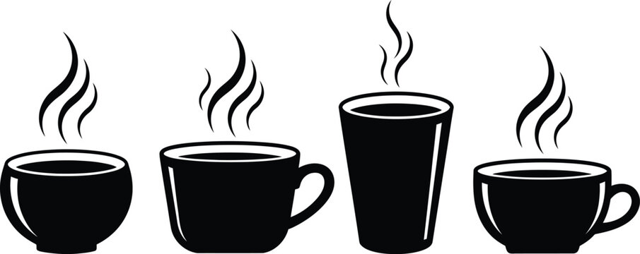 Silhouette of four steaming hot coffee cups in various shapes and sizes
