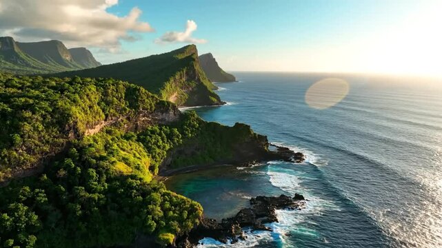 Stunning aerial view of Pitcairn Island&acirc;&euro;TMs lush coastal cliffs, turquoise waters, and ocean waves at sunset.