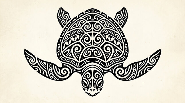 Tribal sea turtle illustration with intricate Maori pattern design on white background