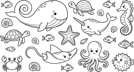 Cute Black and White Line Drawing of Sea Creatures Featuring Whale, Seahorse, Turtle, Narwhal, Crab, Octopus, and Starfish © Mithunkumar