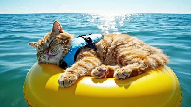 Ginger tabby cat in life vest naps while floating on a yellow inflatable tube in the ocean on a bright sunny day
