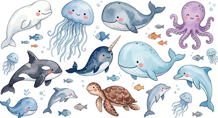 Cute Cartoon Marine Animals Vector Set Featuring Whale, Narwhal, Dolphin, Jellyfish, Turtle, Octopus, and Fish © Mithunkumar