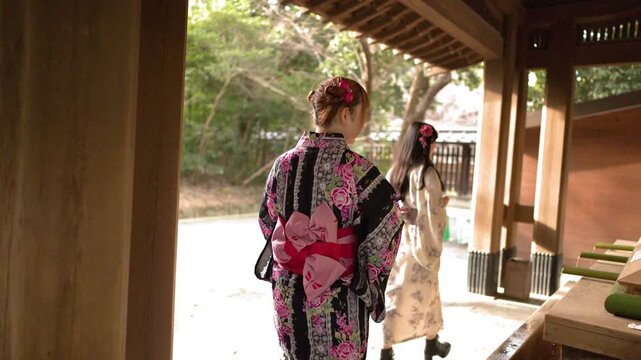 Japanese Women in Traditional Kimonos Perform Water Purification Ritual at Meiji Jingu