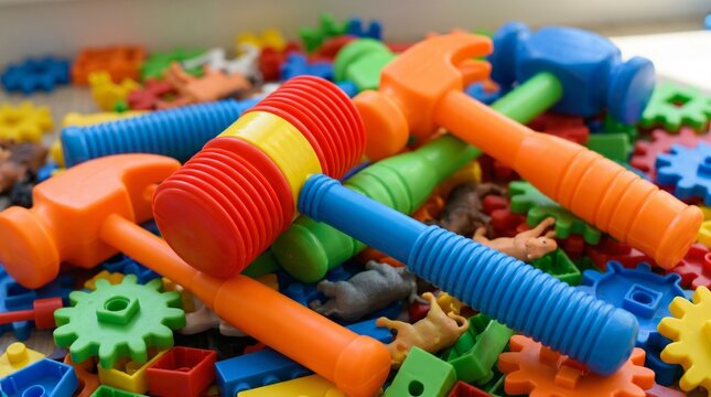 Colorful plastic toys and party favors background with striped straws