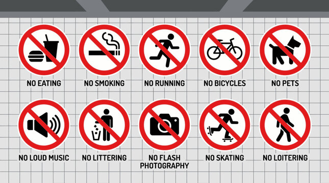A collage of prohibited signs depicts various forbidden actions in a public area.