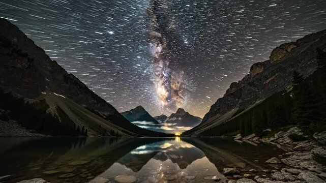 Stunning time-lapse of the Milky Way galaxy over a mountain lake, creating a breathtaking celestial reflection