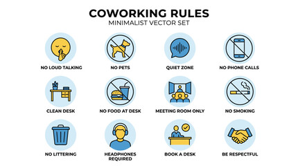 Fototapeta premium A minimalist vector set of icons and text illustrating essential coworking space rules and guidelines.