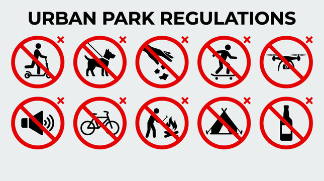 Urban park regulations signs prohibit various activities in public areas daily.