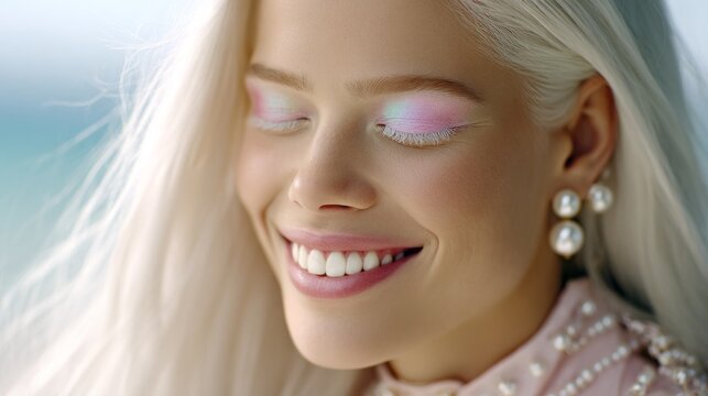In a vibrant outdoor setting, an albino supermodel radiates joy with a bright smile. Her long, flowing hair and sparkling makeup enhance the cheerful atmosphere, capturing a perfect summer moment
