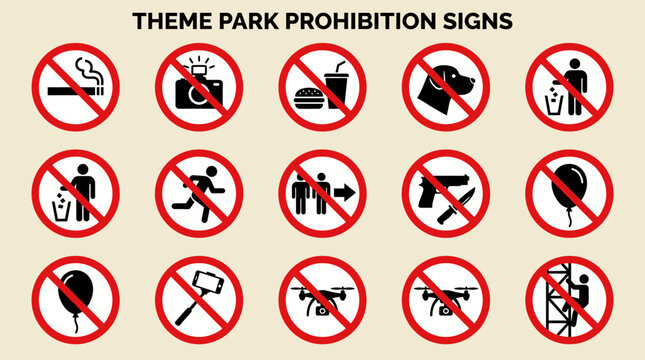 Theme park prohibition signs display various rules and regulations