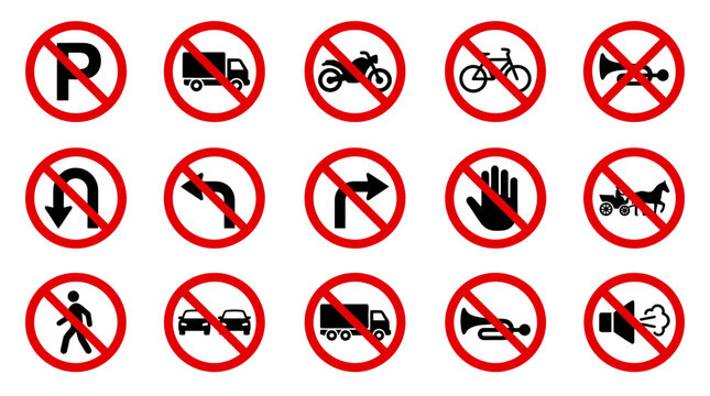 Various prohibited road signs displayed on a white background with red circles