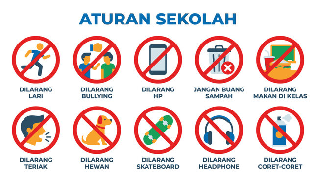 School rules signs prohibit actions in classroom setting with illustrations