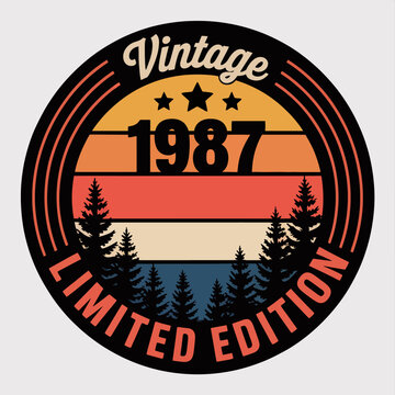 A retro badge design featuring the text 'Vintage 1987 Limited Edition'. The background showcases a sunset with silhouettes of pine trees.