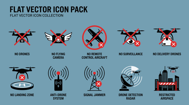 A collection of flat vector icons depicting various drone restrictions and technology symbols.