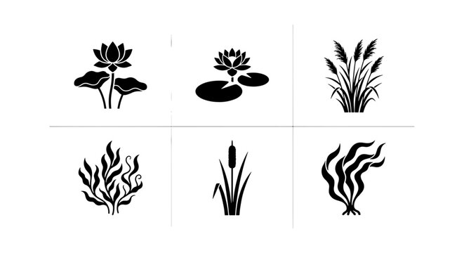 Aquatic Plants Vector Icons Set, Water Lilies, Reeds, Algae, Cattails, Botanical Elements, Nature Symbols, Wetland Flora Collection