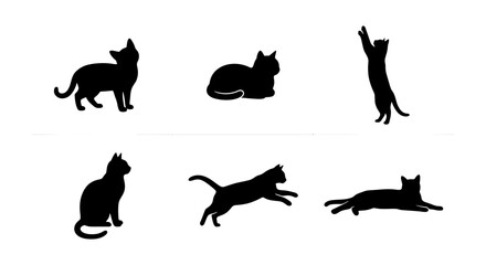 Fototapeta premium Black Cat Silhouettes Collection, Six Feline Poses Vector Art, Domestic Animal Icons for Pet Lovers and Wildlife Graphics
