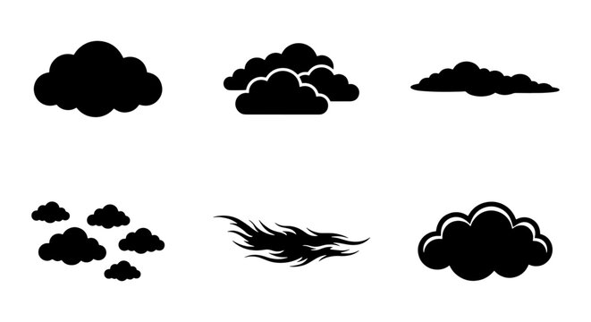 Black Cloud Icons, Weather Symbols, Cumulus Shapes, Storm Elements, Sky Graphics, Vector Set