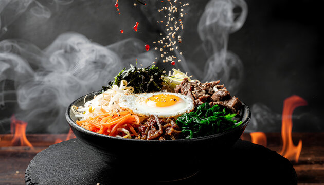 Fotografi makanan sinematik bibimbap korea dengan telur goreng daging sapi sayuran bayam tauge dan taburan wijen melayang dengan latar api