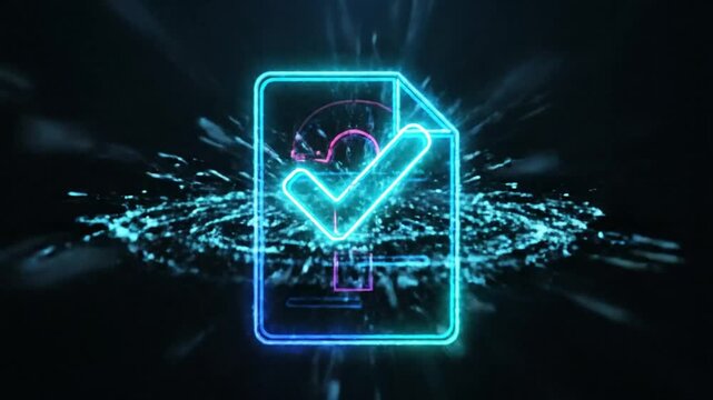 Futuristic Glowing Document with Question Mark Transforms into a Checkmark and Approved Icon for Verification Concept