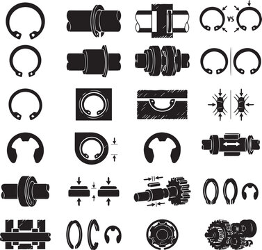 Mechanical Circlips and C-Clips Silhouette Icon Set - 24 Minimalist Vector Symbols for Shaft Retainers, Internal and External Snap Rings, and E-Clips.