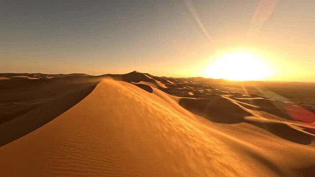 Mesmerizing golden desert dunes illuminated by the bright sun during sunrise with an expansive sky
