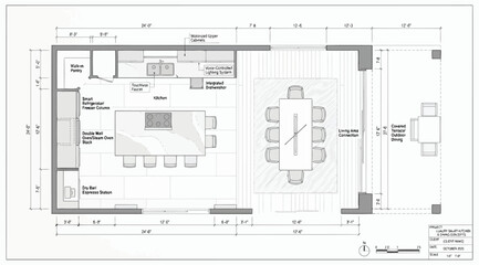 Architectural floor plan of a luxury smart kitchen and dining area with detailed measurements © S.Siam
