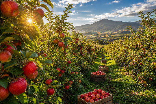Fresh red apple orchard during harvest season with beautiful agricultural countryside landscape