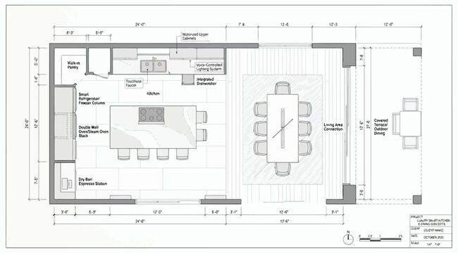 Architectural floor plan of a luxury smart kitchen and dining area with detailed measurements