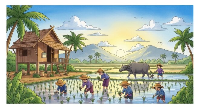 Rice Farming Scene with Workers and Water Buffalo at Sunrise