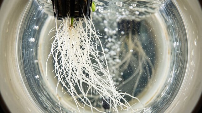 Hydroponic roots in water: A close-up view of delicate plant roots suspended in a clear, nutrient-rich water solution, showcasing the innovative world of soilless farming.