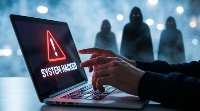 Cybersecurity breach concept with hands typing on a laptop showing a system hacked warning message and hooded hacker figures with glowing red eyes in the background