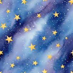 Fototapeta premium Whimsical watercolor starry night sky with scattered yellow stars and white dots