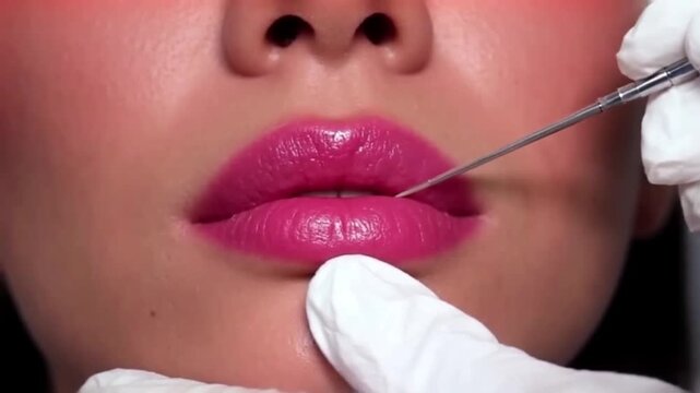 Plump lips cosmetic procedure lip augmentation involving the injection of a dermal filler such as hyaluronic acid. 