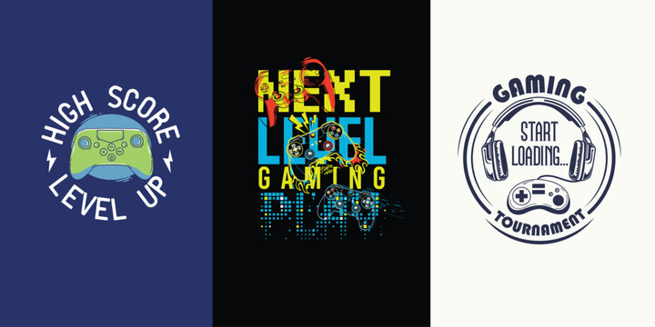 Video game joystick with slogan typography graphic design collection set