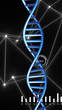 Vertical video: Pulsing nodes sparking rotating blue DNA helix bobbing while showing analytics