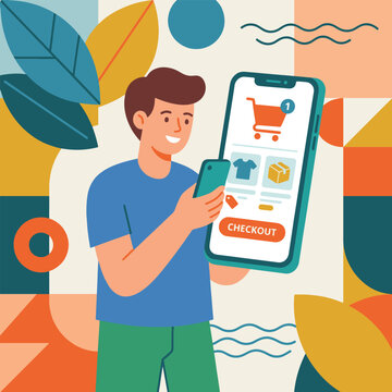 Man holding smartphone browsing online shopping app with checkout button flat style e-commerce