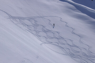 Alpinista affronta la discesa in neve fresca sugli sci © Roberto Contini