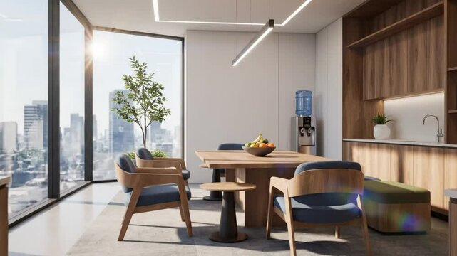 Modern office kitchen with minimalist design, wooden elements, bright daylight, and city views through large windows.