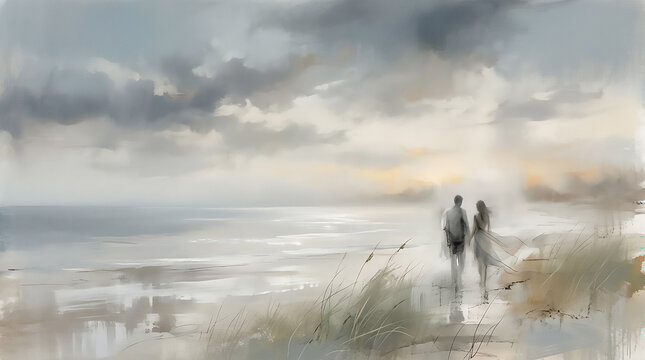 An abstract romantic scene emerging through layers of soft atmospheric brushwork, as if painted from memory rather than reality. 