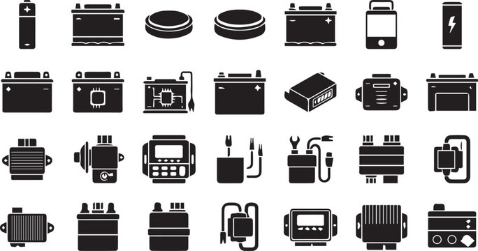 Vehicle Battery and CDI Unit Icon Set Automotive Ignition and Power Silhouettes