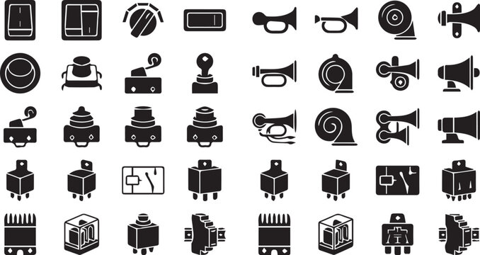 Vehicle Switch Horn and Relay Icon Set Automotive Control and Signaling Silhouettes