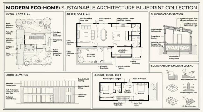 Modern ecohome sustainable architecture blueprint collection